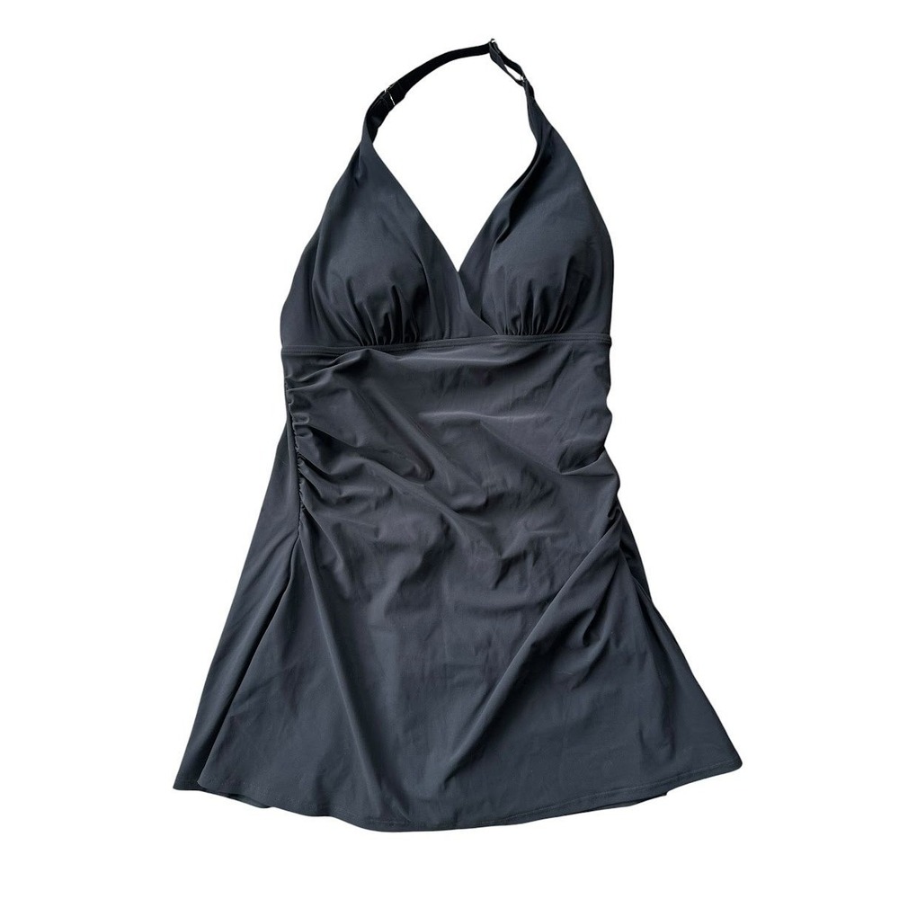 LL Bean Swim Dress Women 8 Long Black Halter Neck Ruched UPF 50+ Modest Classic